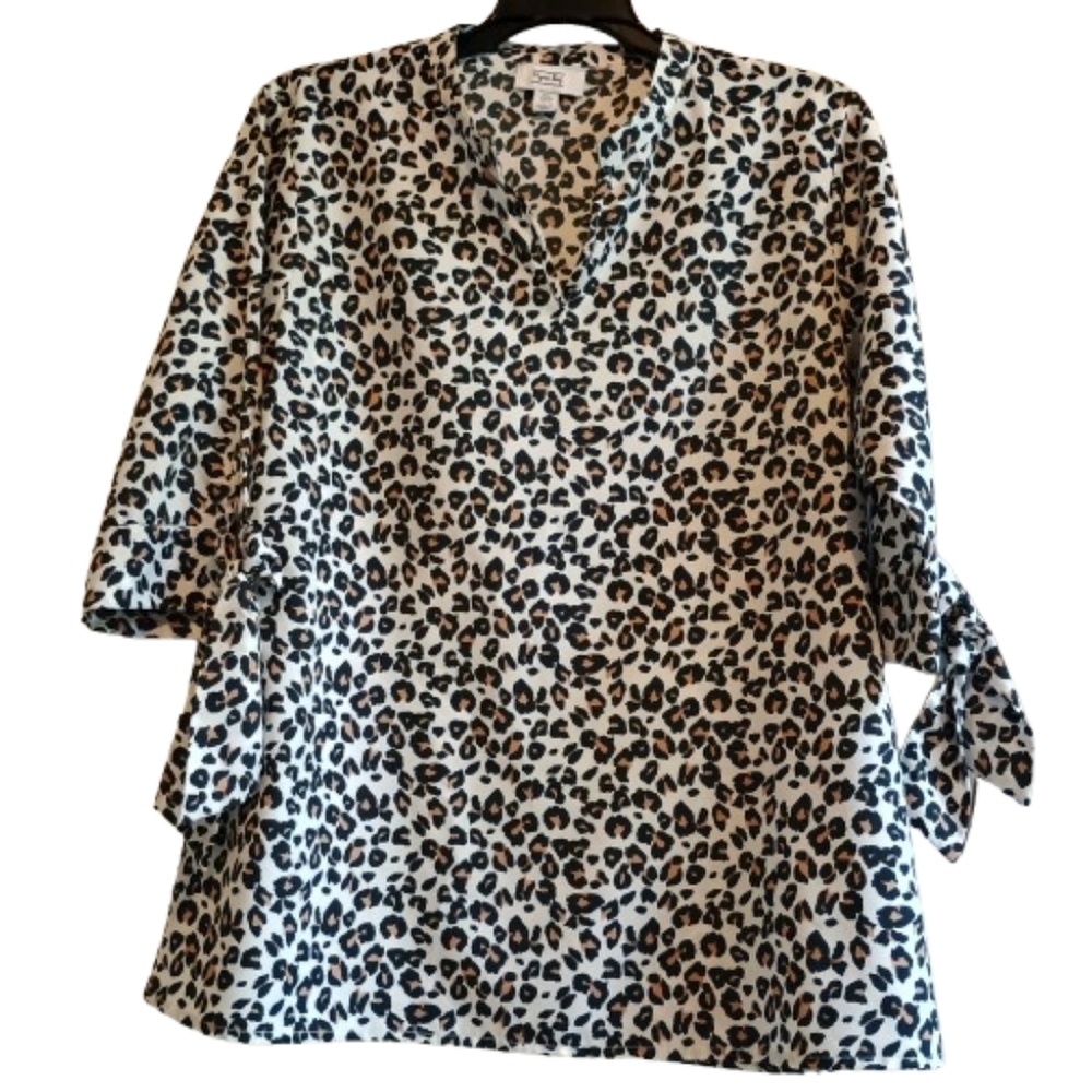 Myra Bag Women's Leopard Print Tunic Top Size L 3/4 tie sleeves animal print‎